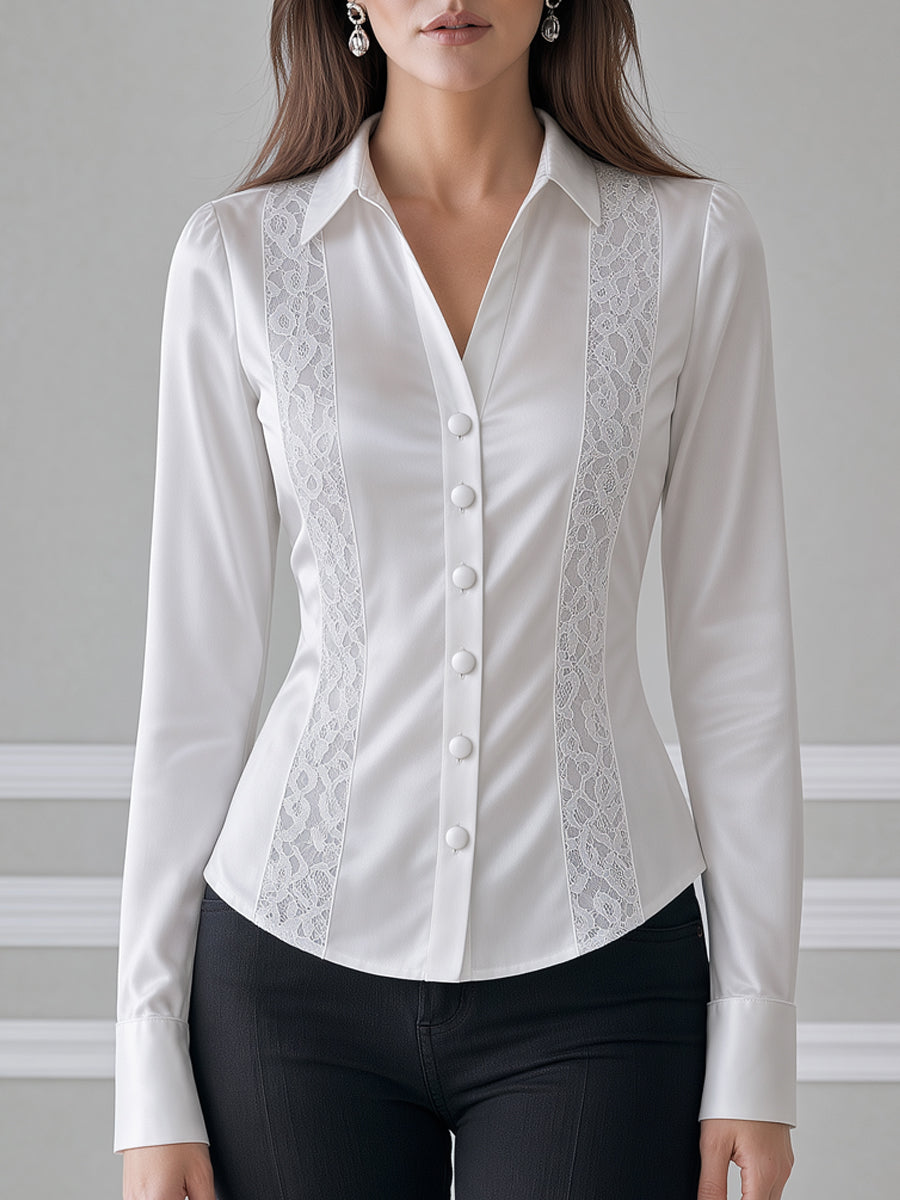 Ivory Satin Lace Panel Button-Front Shirt