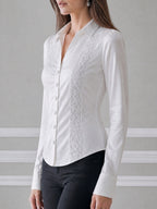 Ivory Satin Lace Panel Button-Front Shirt