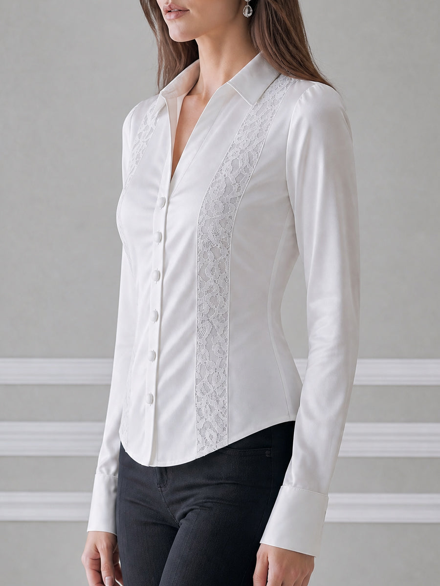Ivory Satin Lace Panel Button-Front Shirt