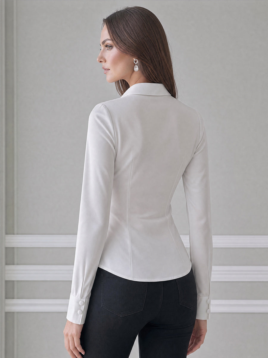 Ivory Satin Lace Panel Button-Front Shirt