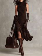 Sleeveless Mock Neck Suede Asymmetric Hem Midi Dress