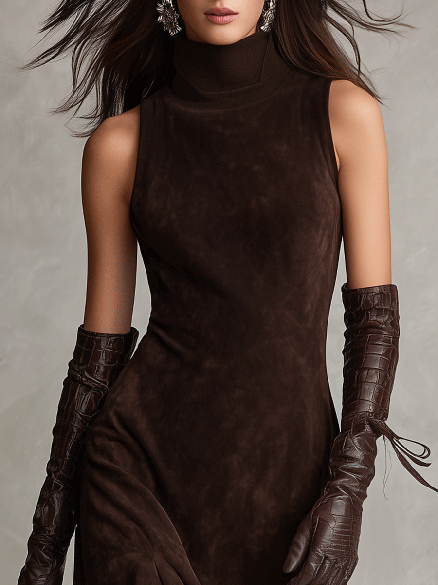Sleeveless Mock Neck Suede Asymmetric Hem Midi Dress