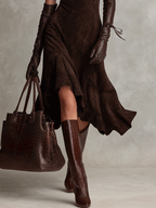 Sleeveless Mock Neck Suede Asymmetric Hem Midi Dress