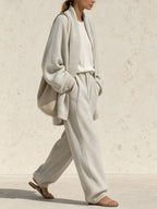 Women’s Soft Knit Lounge Set – Relaxed Cardigan & Wide-Leg Pants Matching Two-Piece Set