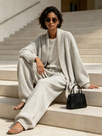 Women’s Soft Knit Lounge Set – Relaxed Cardigan & Wide-Leg Pants Matching Two-Piece Set