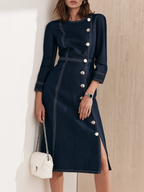 Old Money Asymmetric Button Placket and Contrast Stitching Denim Midi Dress
