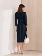Old Money Asymmetric Button Placket and Contrast Stitching Denim Midi Dress