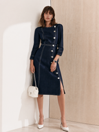Old Money Asymmetric Button Placket and Contrast Stitching Denim Midi Dress