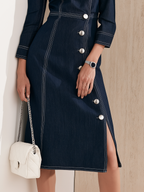 Old Money Asymmetric Button Placket and Contrast Stitching Denim Midi Dress