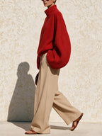 Women’s Red Knit Jacket & Wide-Leg Pants Set – Minimalist Two-Piece Casual Luxe Outfit