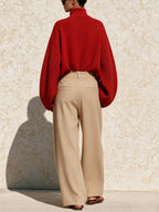 Women’s Red Knit Jacket & Wide-Leg Pants Set – Minimalist Two-Piece Casual Luxe Outfit