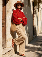 Women’s Red Knit Jacket & Wide-Leg Pants Set – Minimalist Two-Piece Casual Luxe Outfit