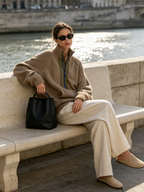 Khaki Half‑Zip Contrast Panel Oversized Knit Sweater With Kangaroo Pocket