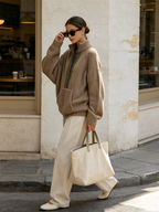 Khaki Half‑Zip Contrast Panel Oversized Knit Sweater With Kangaroo Pocket