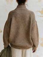 Khaki Half‑Zip Contrast Panel Oversized Knit Sweater With Kangaroo Pocket