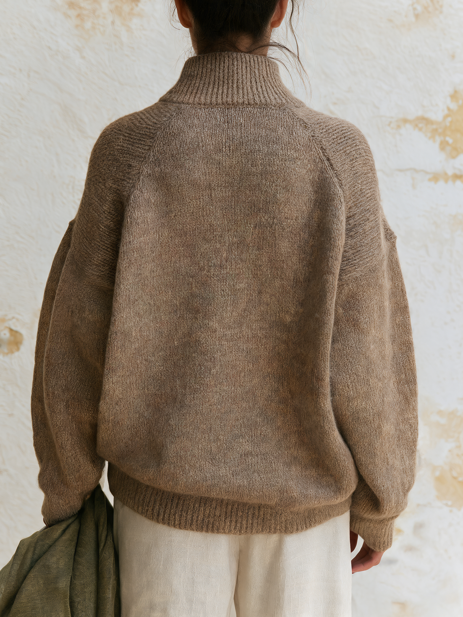 Khaki Half‑Zip Contrast Panel Oversized Knit Sweater With Kangaroo Pocket