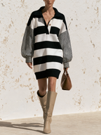 Black White Mixed Stripe Polo Collar Balloon Sleeve Knit Mini Dress