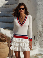 Nautical Preppy White Red Navy Striped V Neck Ruffle Knit Mini Dress