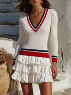 Nautical Preppy White Red Navy Striped V Neck Ruffle Knit Mini Dress