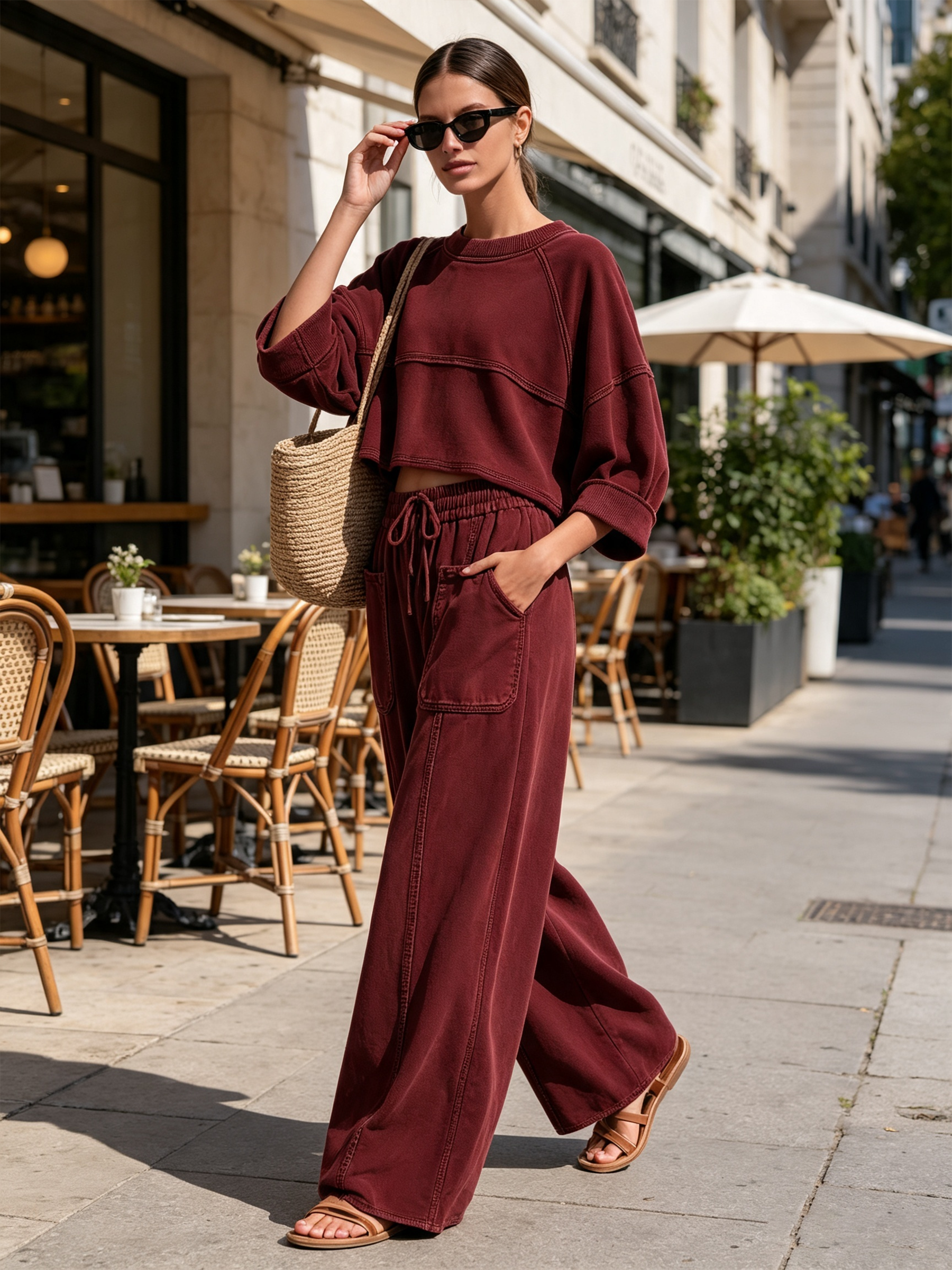 Washed Raglan Sleeve Cropped Sweatshirt Two‑Piece Set