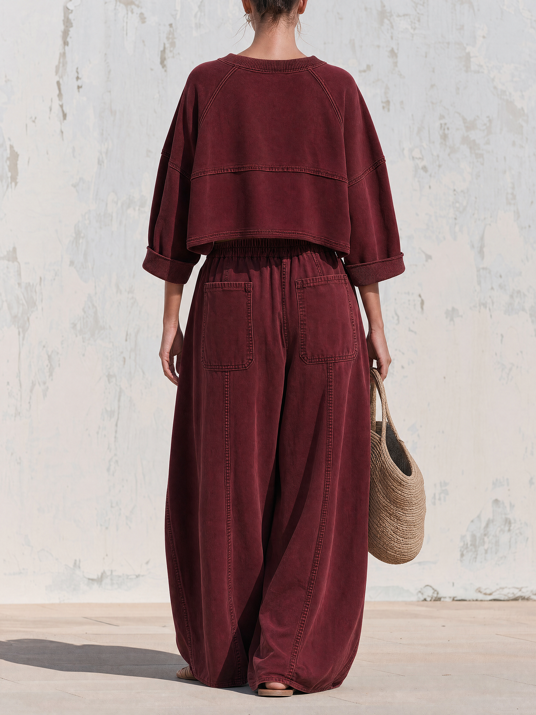 Washed Raglan Sleeve Cropped Sweatshirt Two‑Piece Set