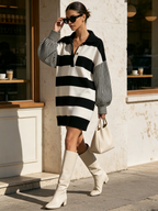 Black White Mixed Stripe Polo Collar Balloon Sleeve Knit Mini Dress