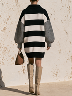 Black White Mixed Stripe Polo Collar Balloon Sleeve Knit Mini Dress