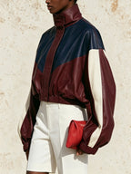 Women’s Color Block Leather Jacket – Oversized Cropped Faux Leather Bomber Jacket With Stand Collar