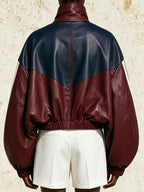 Women’s Color Block Leather Jacket – Oversized Cropped Faux Leather Bomber Jacket With Stand Collar