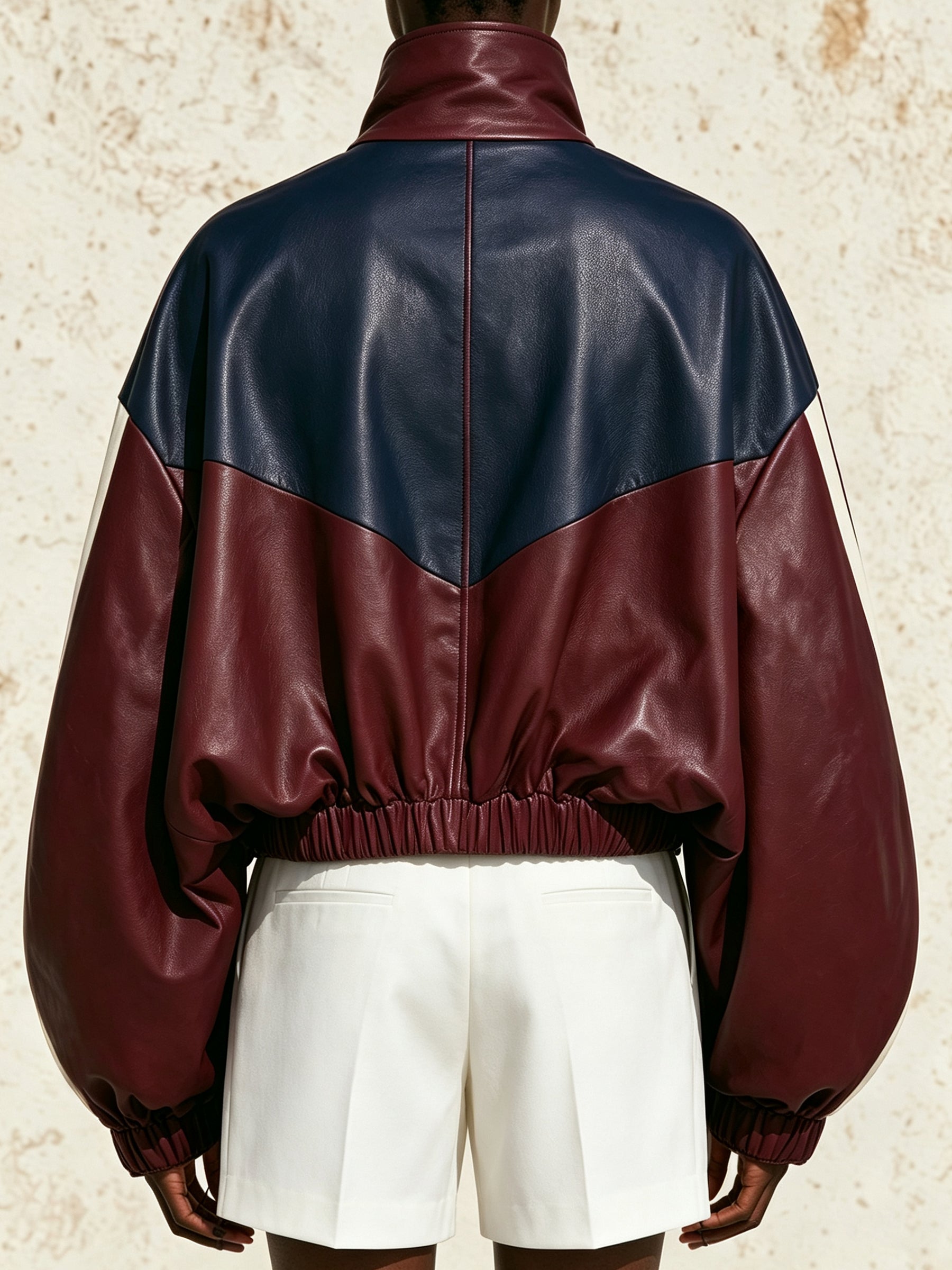 Women’s Color Block Leather Jacket – Oversized Cropped Faux Leather Bomber Jacket With Stand Collar