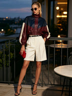 Women’s Color Block Leather Jacket – Oversized Cropped Faux Leather Bomber Jacket With Stand Collar
