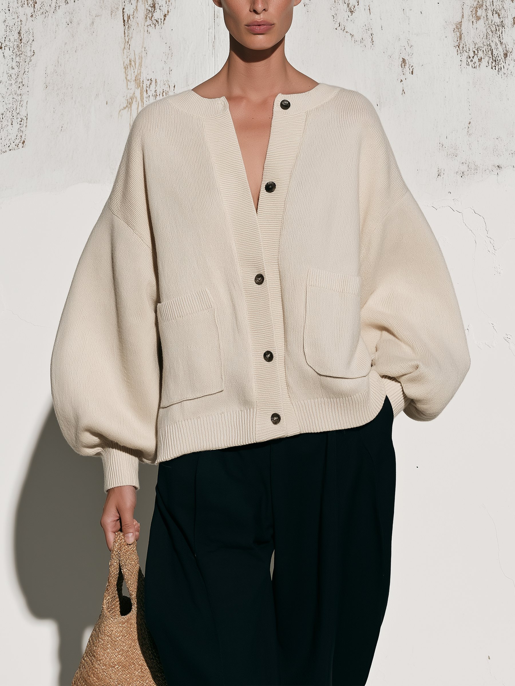 Cream Oversized Balloon Sleeve Knit Button Cardigan With Pockets