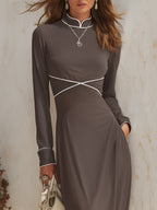 Luxury Minimalist Warm Gray Mandarin Collar Contrast Trim Satin Maxi Dress