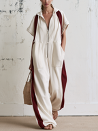 Color Block Hooded Zip-Up Short Sleeve Jumpsuit