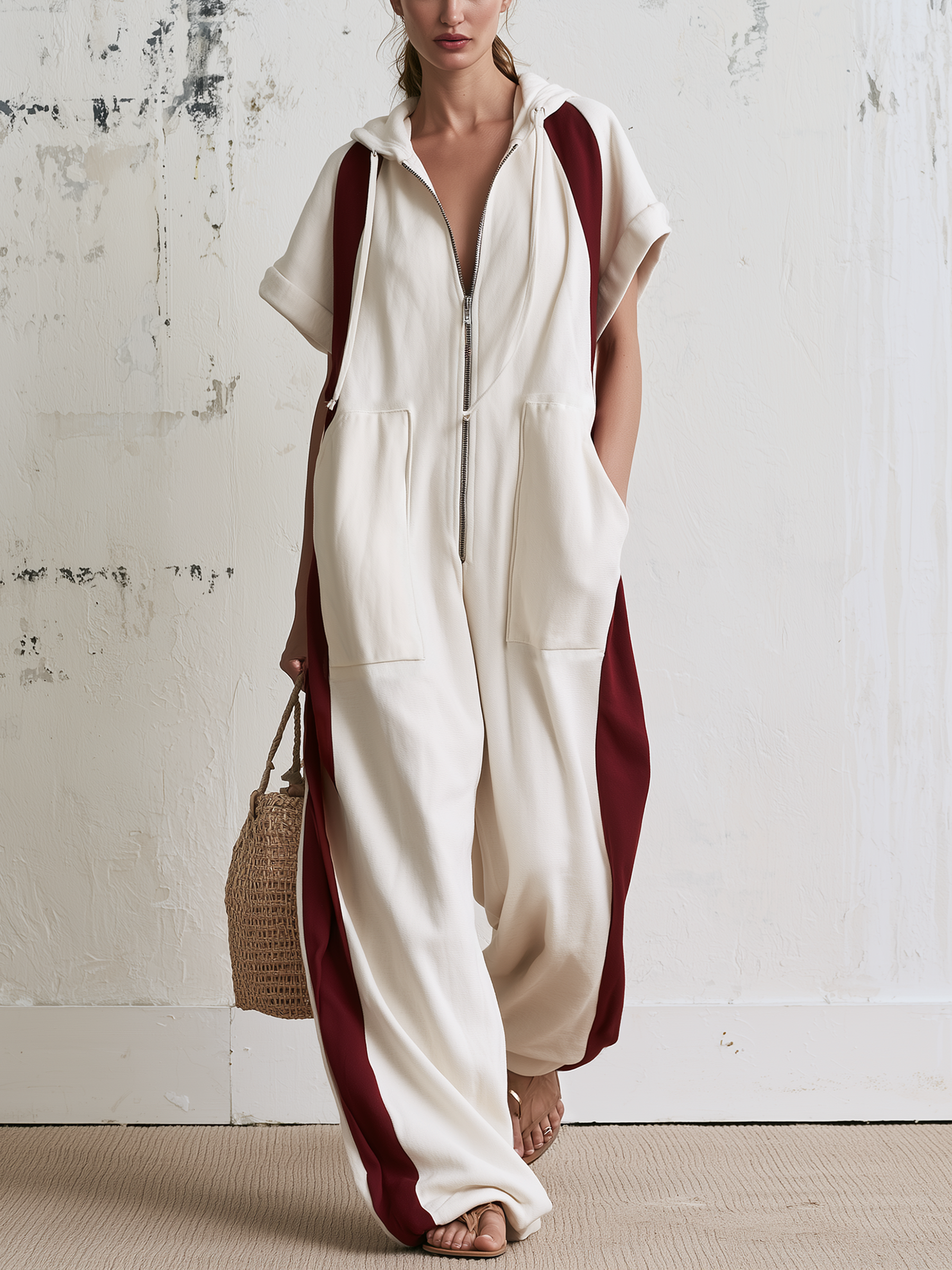 Color Block Hooded Zip-Up Short Sleeve Jumpsuit