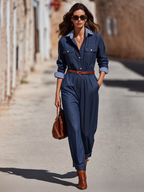 Dark Indigo Contrast-Collar Utility Pocket Belted Relaxed Straight-Leg Jumpsuit