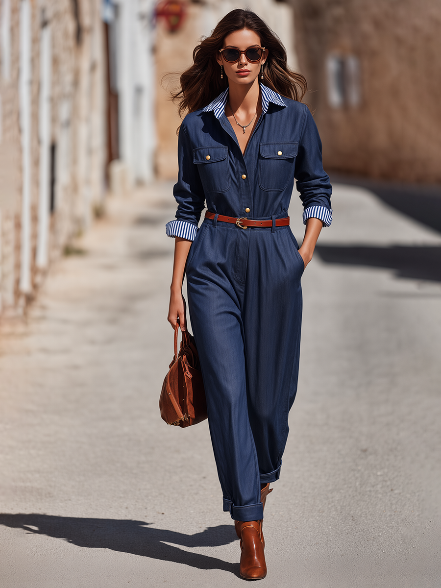 Dark Indigo Contrast-Collar Utility Pocket Belted Relaxed Straight-Leg Jumpsuit
