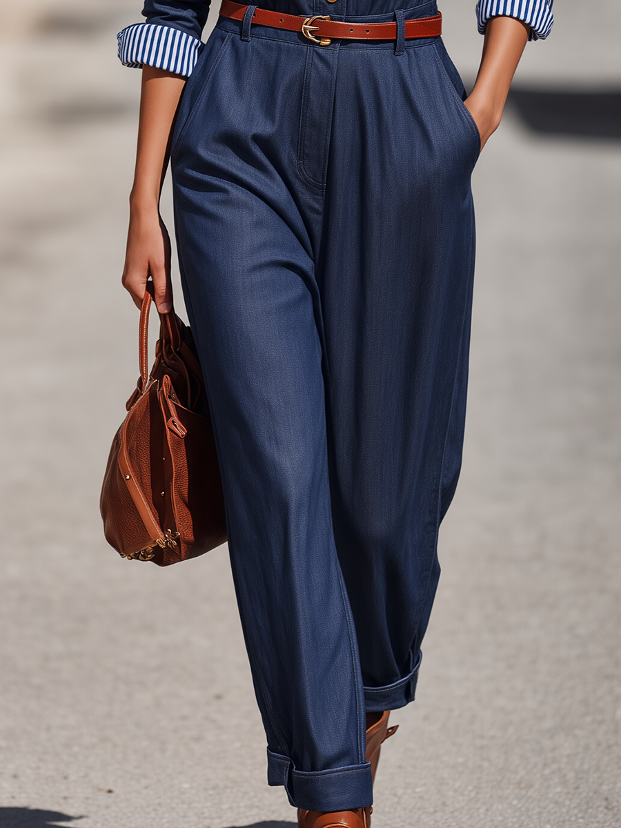 Dark Indigo Contrast-Collar Utility Pocket Belted Relaxed Straight-Leg Jumpsuit