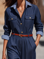 Dark Indigo Contrast-Collar Utility Pocket Belted Relaxed Straight-Leg Jumpsuit