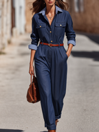 Dark Indigo Contrast-Collar Utility Pocket Belted Relaxed Straight-Leg Jumpsuit