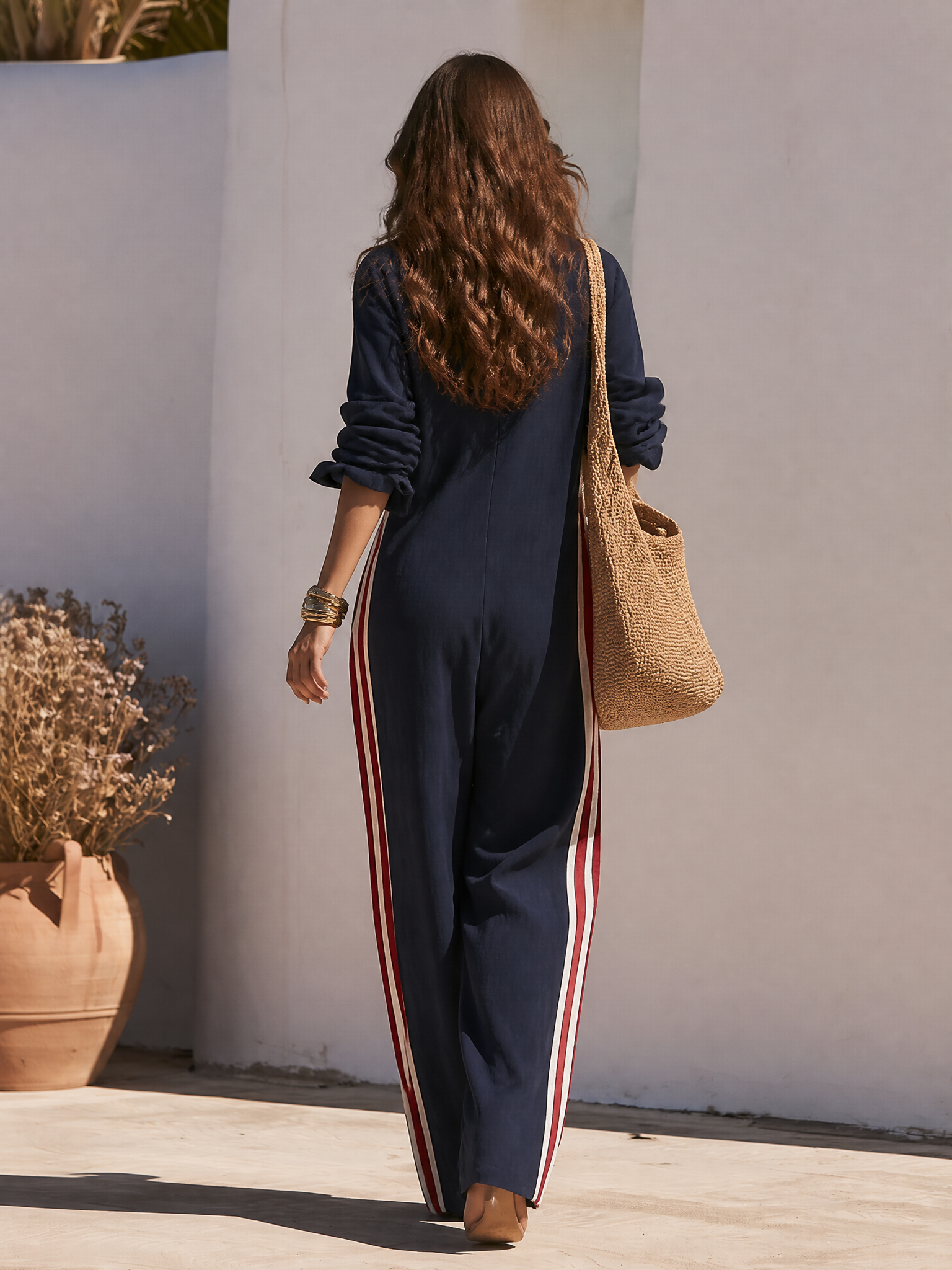 Resort Long Sleeve Button-Up Side Stripe Wide Leg Jumpsuit