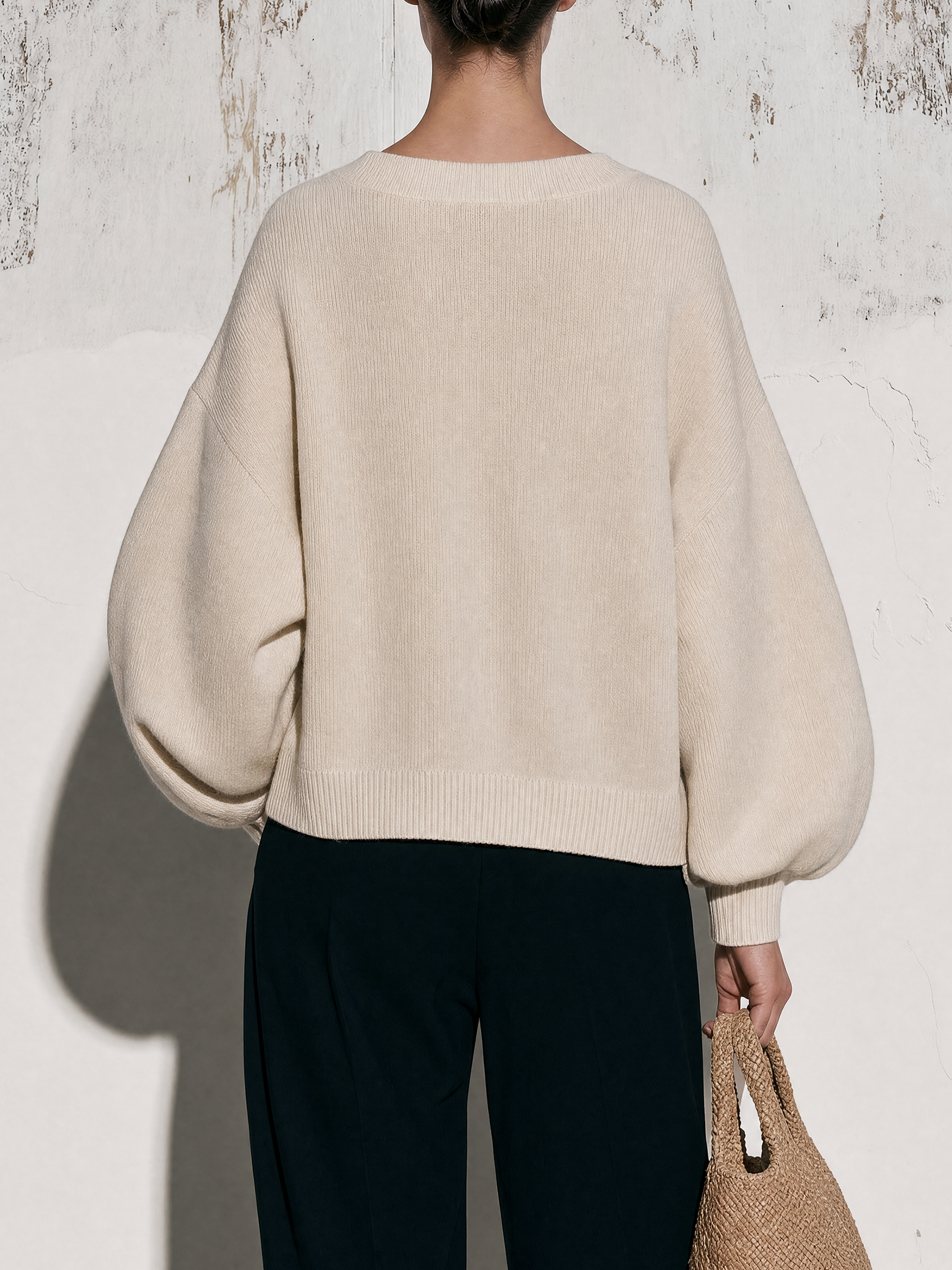 Cream Oversized Balloon Sleeve Knit Button Cardigan With Pockets