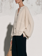 Cream Oversized Balloon Sleeve Knit Button Cardigan With Pockets
