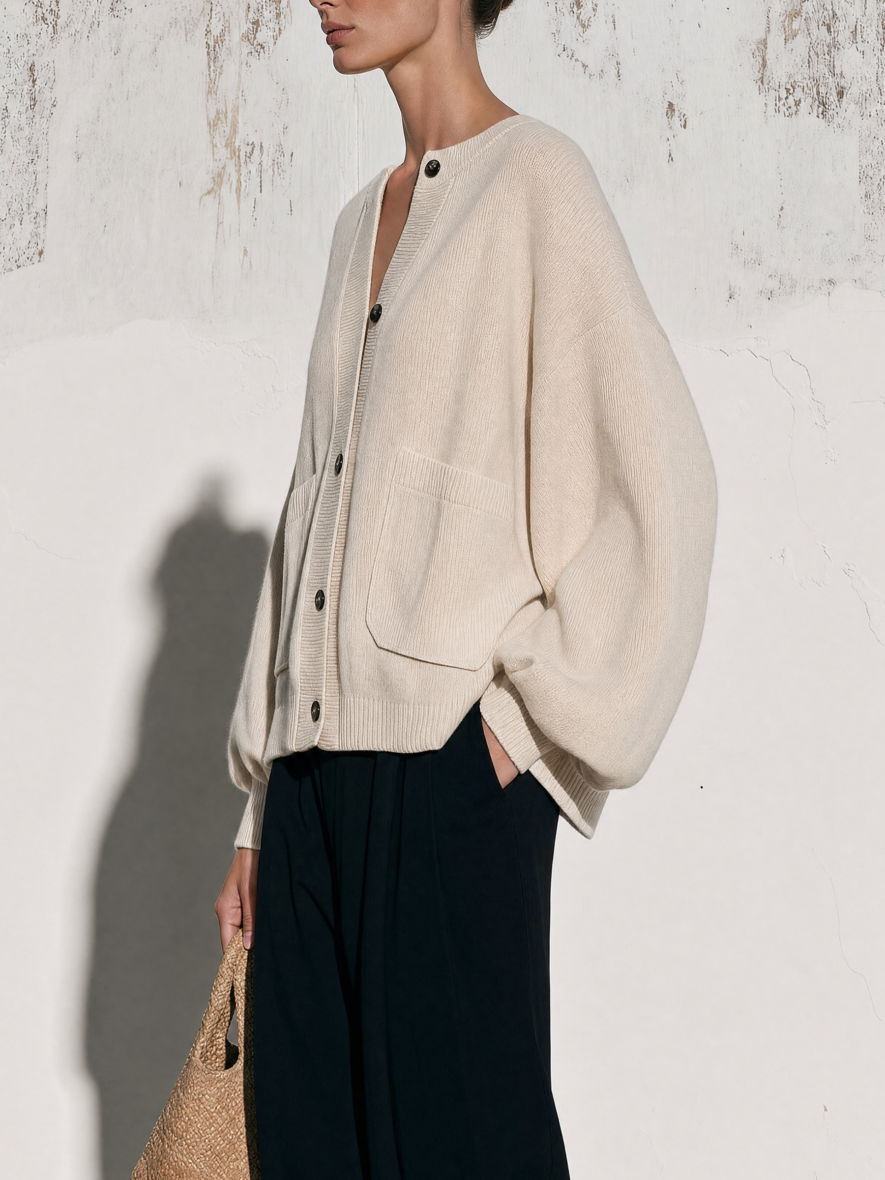 Cream Oversized Balloon Sleeve Knit Button Cardigan With Pockets