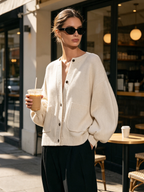 Cream Oversized Balloon Sleeve Knit Button Cardigan With Pockets