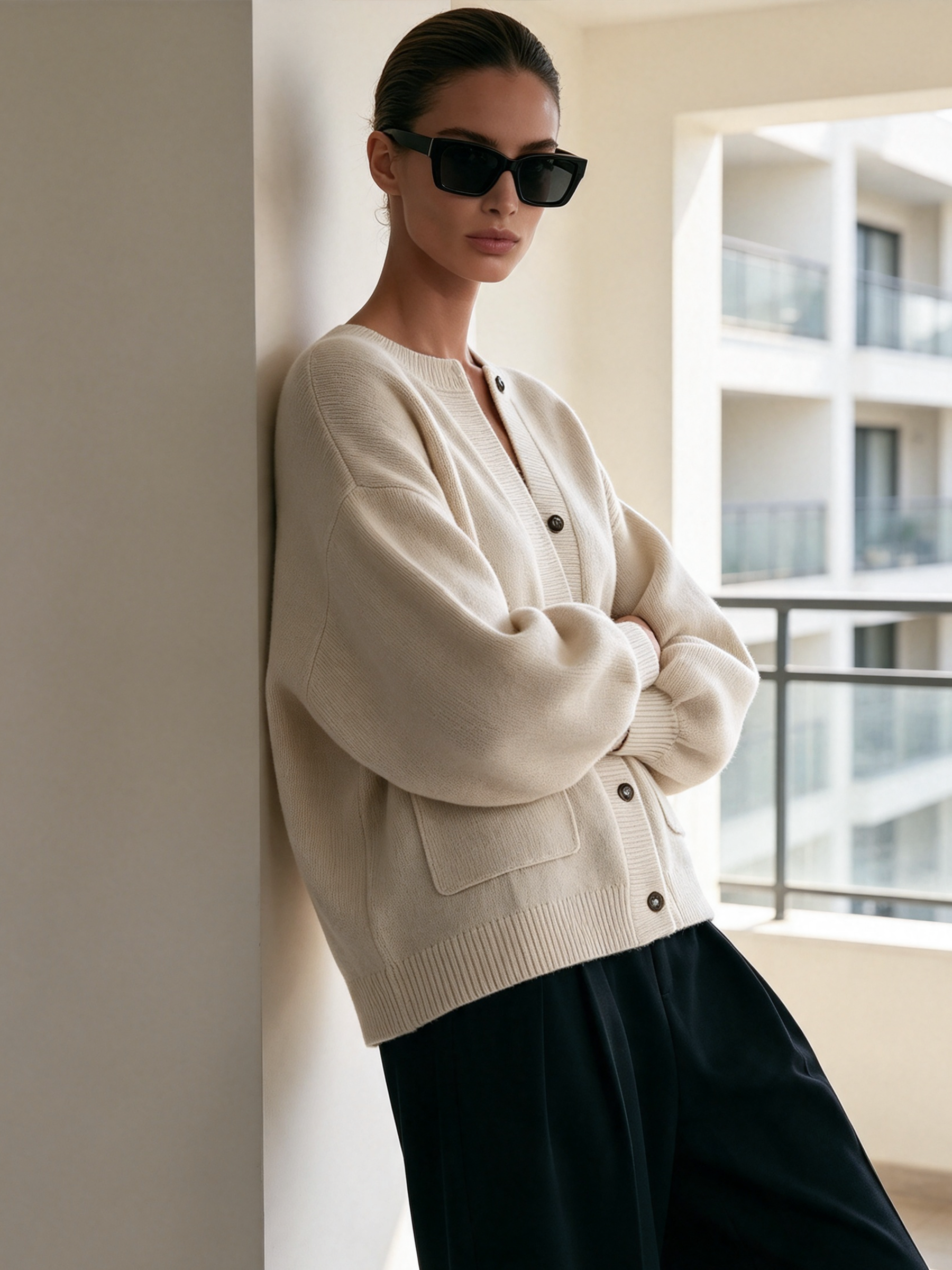Cream Oversized Balloon Sleeve Knit Button Cardigan With Pockets