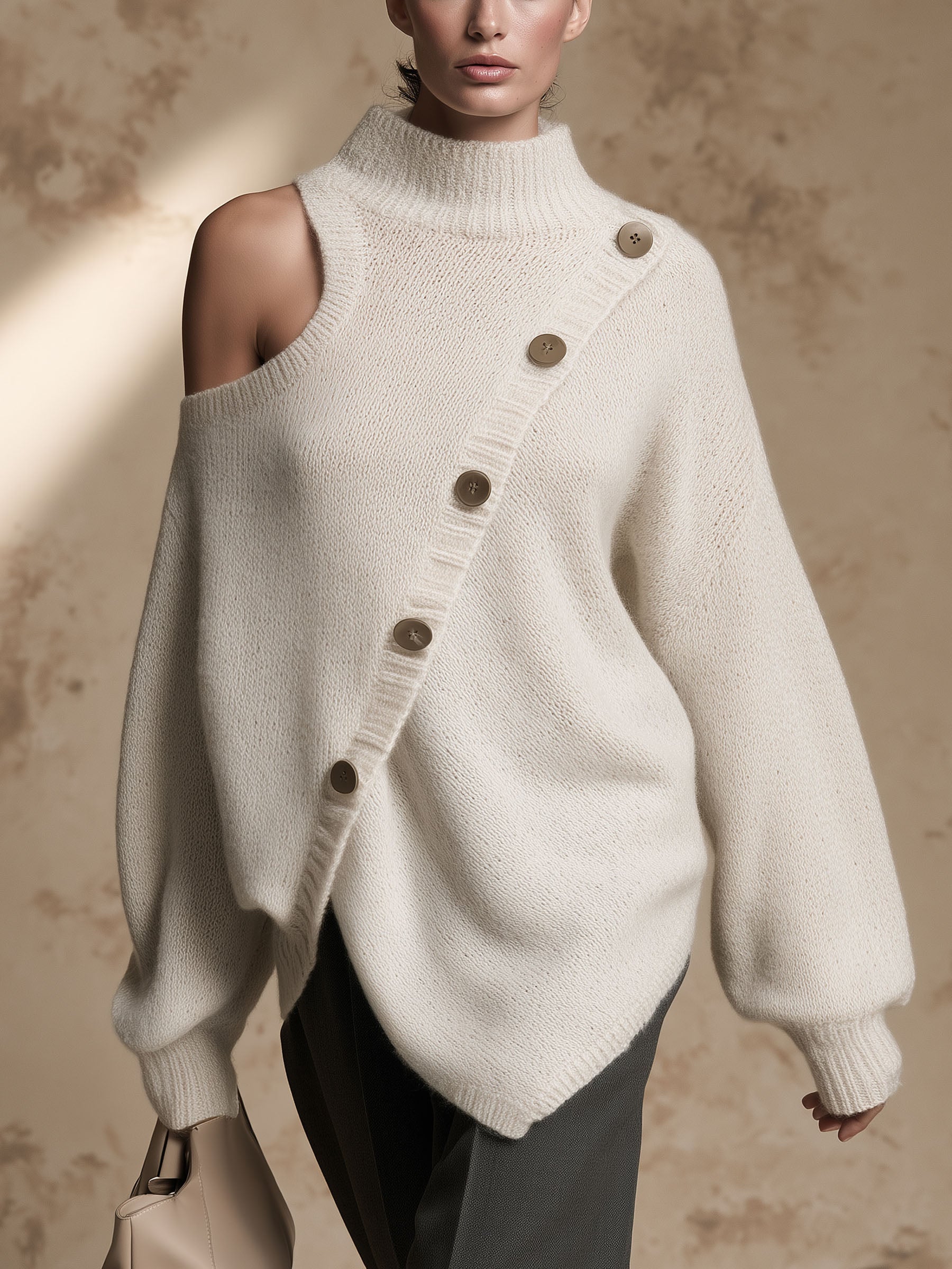 Asymmetric Cold Shoulder Turtleneck Knit Sweater, Diagonal Button Oversized Jumper