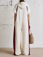 Color Block Hooded Zip-Up Short Sleeve Jumpsuit