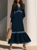 Retro V-Neck Contrast Striped Balloon Sleeves Ribbed Knit Maxi Dress