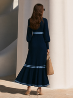 Retro V-Neck Contrast Striped Balloon Sleeves Ribbed Knit Maxi Dress